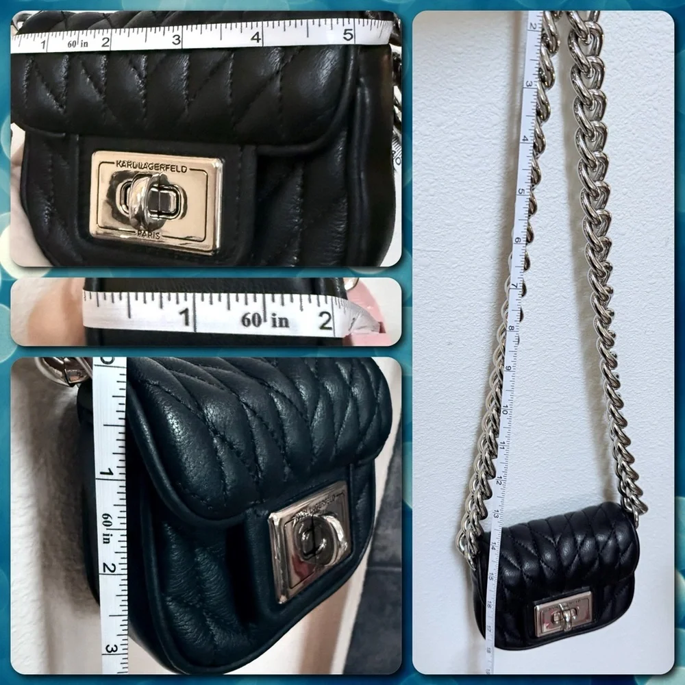 Karl Lagerfeld Micro Mini purse bag Black Quilted Leather & CHUNKY Silver Chain - Picture 14 of 17